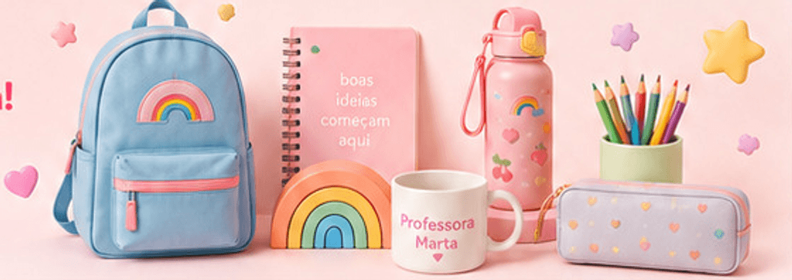 Composição de material escolar Mumy: mochila azul com arco-íris, caderno, garrafa, lápis de cor, caneca personalizada e estojo